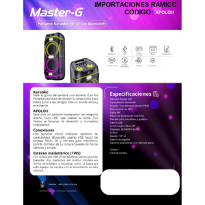 PARLANTE KARAOKE CON BLUETOOTH USB MASTER-G APOLOII